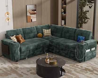 WEUP 86" Modular Sectional Sleeper Sofa with Pull Out Bed, 5 Seat Plush Corduroy L Shaped Couch with USB Ports|Cup Holders|Side Table|Storage Seat Armrests, Tool Free Assembly, Green