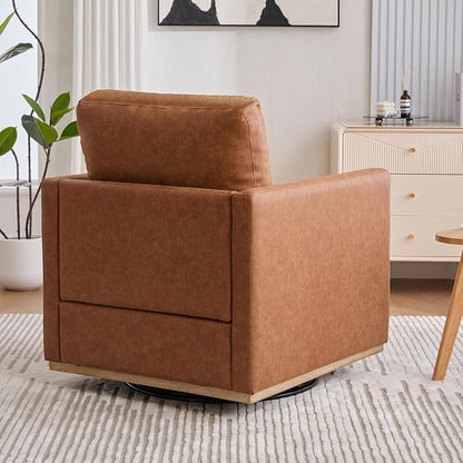 Swivel Accent Chair, 360 Degree Square Swivel Chair for Living Room, Mid Century Modern Upholstered Barrel Chair,Comfy Sofa Armchairs for Bedroom,Nursery,PU Leather, Brown