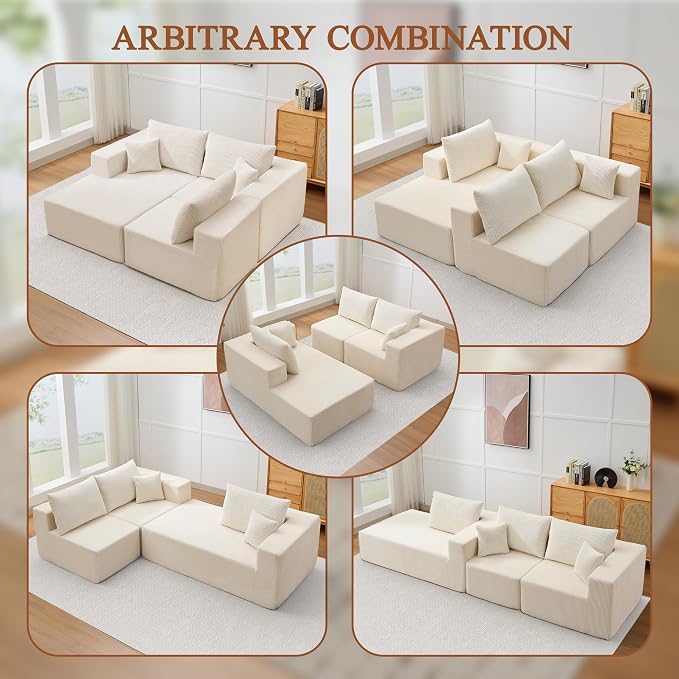 Modular Sectional Sofa for Living Room, 108" Cloud Couch Sectional with L-Shape Chaise, Modern Upholstered Corduroy Boneless Couch with Memory Foam Deep Seat, No Assembly Required (Beige)