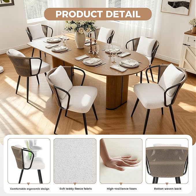 Modern Rattan Dining Chairs Set of 2, Upholstered Kitchen Chair with Metal Legs, Ergonomic Curved Backrest, Rope Weaving Living Room Chairs with Throw Pillow for Kitchen, Brown