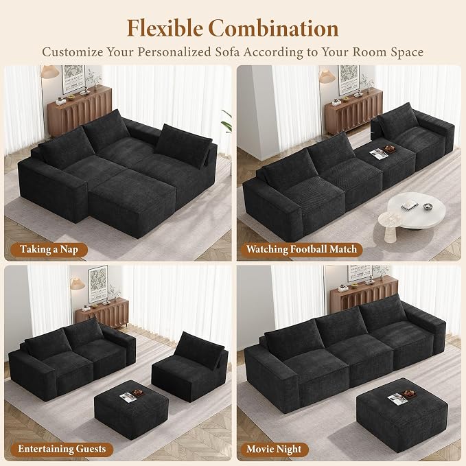 Vesgantti 114" Modular Boneless Couch, Convertible Chenille L Shaped Cloud Couches for Living Room, Modern Cozy Sectional Sofa with Deep Seat, No Assembly Required, Black