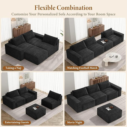Vesgantti 114" Modular Boneless Couch, Convertible Chenille L Shaped Cloud Couches for Living Room, Modern Cozy Sectional Sofa with Deep Seat, No Assembly Required, Black