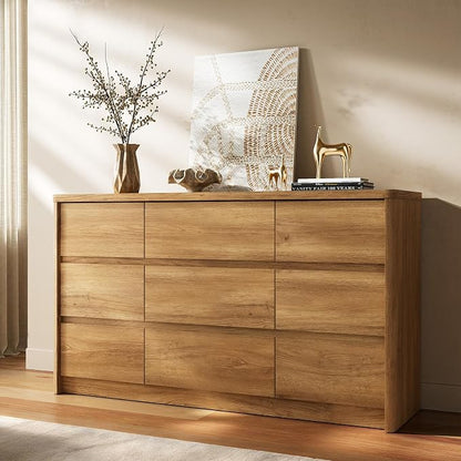 NowMais 3 Pieces of Dresser and Nightstand Set,55 Inch Width 9-Drawer Dresser & 2-Drawer Nightstands Set of 2,Nightstand with USB&Type C Charging Station&Outlets, Modern Design for Bedroom,Natural Oak