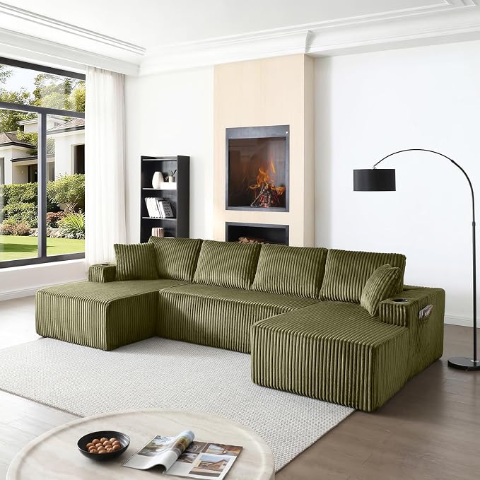 124" Modular Sectional Sleeper Sofa, Boneless Cloud Couch for Living Room, U Shaped 5 Seat Sofa with 2 Storage Pockets& 2 Cup Holders, Free Combination, No Assembly Required