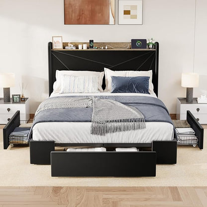 Allewie Full Size Velvet Bed Frame with 3 Storage Drawers, Upholstered Platform Bed with Wingback Storage Headboard and USB Ports, No Box Spring Needed, Easy Assembly, Black