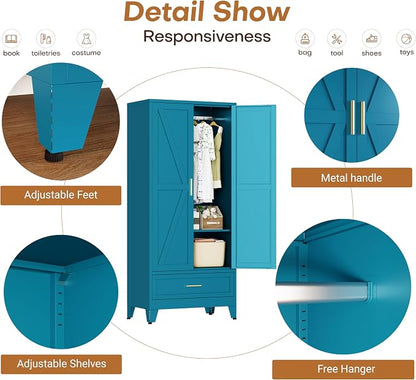 71" H Armoire Wardrobe Closet with 1 Drawer, Metal Wardrobe Closet with Doors and Adjustable Shelves, Wardrobe Cabinet with Hanging Rod, Closets for Bedroom, Laundry Room, Blue