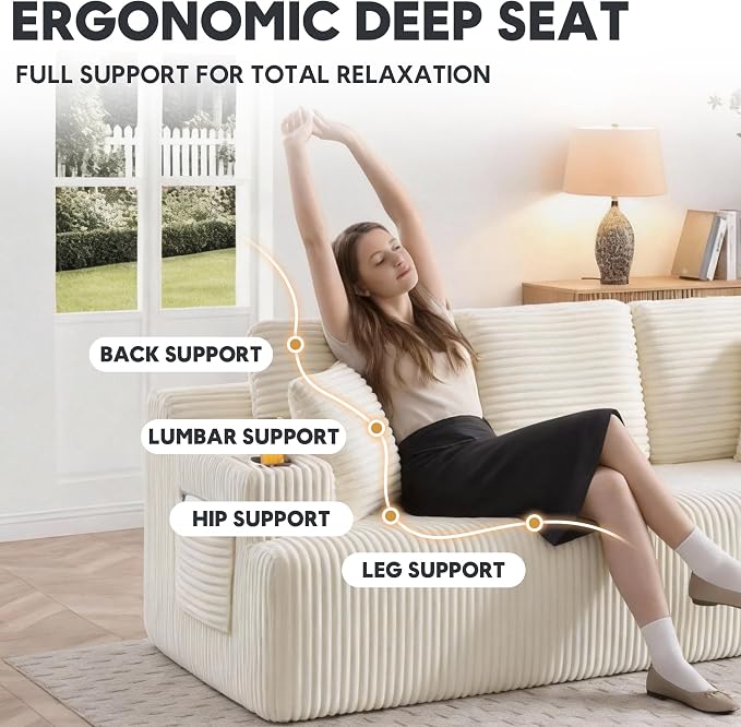 86.2'' Boneless Sofa Couch with Cup Holders & Side Pockets, Modern Corduroy Fabric Upholstered 3-seat Couch with 2 Throw Pillows for Living Room, Office, No Assembly (Beige)
