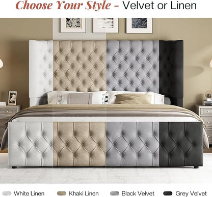 Jocisland Queen Size Upholstered Bed Frame with 6.3-Inch Curved Wingback Headboard, Tufted Footboard, Wood Slats, No Box Spring Needed, Khaki Linen