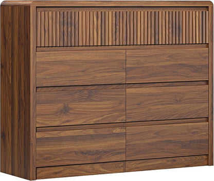 LYNSOM 9 Drawer Dresser for Bedroom, 50" Wide Fluted Dresser with Curved Corners, Wood Dressers & Chests of Drawers with Dual-Panel Design for Bedroom, Entryway, Walnut