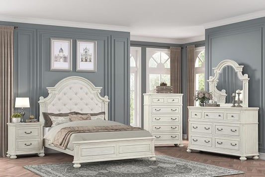Roundhill Furniture Nelson French Traditional 5-Piece Bedroom Set, Antique White, Queen