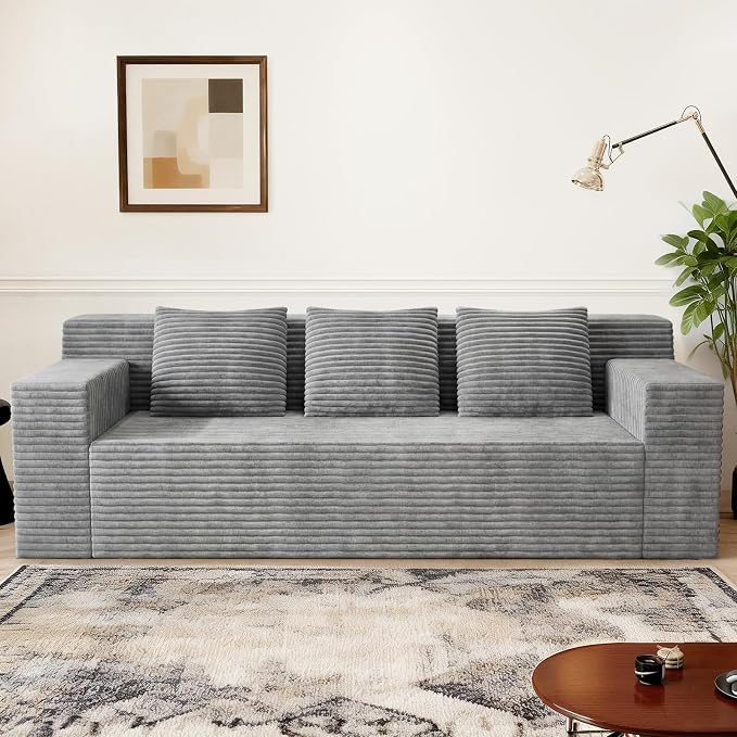 71" Corduroy Living Room Sofa, 3 Setaser Deep Seat Couch with 3 Lumbar Pillows, Comfy Boneless Sofa Modern Compressed Couch for Bedroom, Office, Apartment, No Assembly, Flat Armrests (Light Grey)