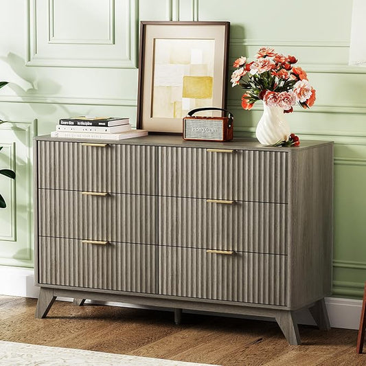 VINGLI Fluted Grey Dresser 6 Drawer Gray Dresser with Rounded Edges, Grey Dressers for Bedroom, 46.8" W*15.5" D*31" H