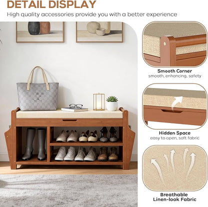 oakvivo 47.2in Shoe Bench Entryway - Bamboo Shoe Rack Bench with Storage, Shoe Rack Organizer with Cushion, 2 Side Holder, Holds Up tp 330lbs for Front Door Entrance, Living Room