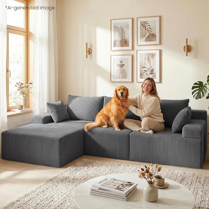kinmars 108" Boneless Sectional Couch,Corduroy Cloud Couch Sectional for Living Room,Modern L Shaped Modular Sectional Couch,3 Seater Sofa (Dark Gray, 108.9" L Shaped with Left Facing Chaise)