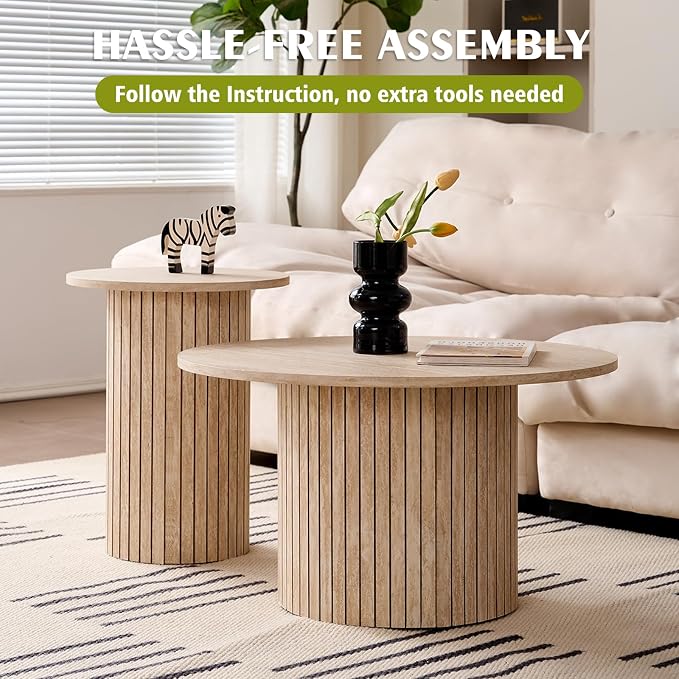 Round Nesting Coffee Table Set of 2, Fluted for Small Spaces | Modern style, suitable for living rooms, roller design, wooden