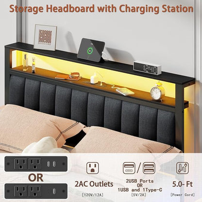 Furnulem Queen Size Bed Frame with Charging Station and LED Lights, Platform Bed with Metal Slats, Grey Upholstered Headboard with 2-Tier Storage Shelves, No Box Spring Needed