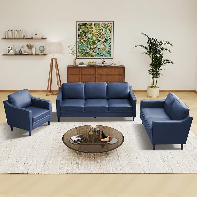 Kingfun 3-Piece Sofa Set for Living Room, Mid Century Modern Couch with Loveseat and Chair, Faux Leather, Solid Wood Frame