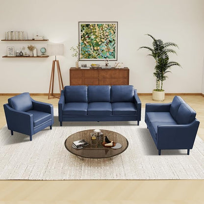Kingfun 3-Piece Sofa Set for Living Room, Mid Century Modern Couch with Loveseat and Chair, Faux Leather, Solid Wood Frame