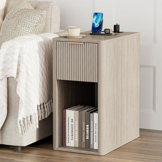 Homleke Narrow End Table with Fluted Drawer and Charging Station, Small Nightstand with USB Ports & Outlets, Bedside Table for Bedroom or Living Room, Modern Accent Table, Light Gray Oak