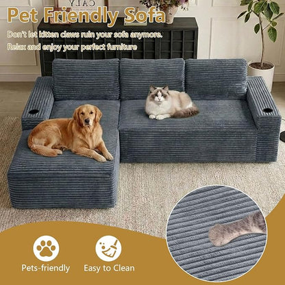 104" Cloud Sectional Couch L-Shaped with Side Pockets Cup Holders, Corduroy Boneless Couch for Living Room,Upholstered Deep-Seat Modular Sectional Sofa, No Assembly Required (Grey,Left Facing Chaise)