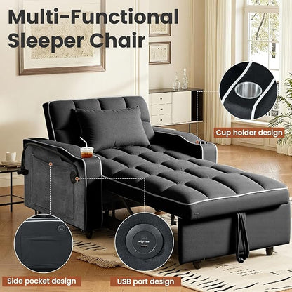4 in 1 Sleeper Chair, Velvet Pull Out Chair Sleeper with Bracket and Cup Holder, Chairs Bed Sleepers with USB Port for Adults, Sofa Bed Chairs for Small Spaces, Living Room, Black