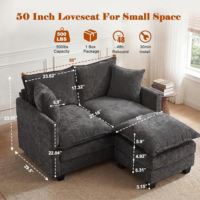 50'' L-Shape Loveseat Sofa with 22" Ottoman, 2 Seat Modern Cloud Couch with 2 Washable Pillows for Small Space Apartment Office Living Room Bedroom, Grey