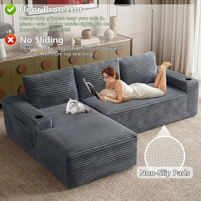 104.3" Modular Sectional Sofa,Modern Corduroy Cloud Couch with Cup Holder & Side Pockets,Boneless Couch Upholstered 3-Seater L-Shaped Sofa for Living Room,No Assembly (Dark Grey, Left-Facing Chaise) | with Cup Holder