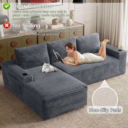 104.3" Modular Sectional Sofa,Modern Corduroy Cloud Couch with Cup Holder & Side Pockets,Boneless Couch Upholstered 3-Seater L-Shaped Sofa for Living Room,No Assembly (Dark Grey, Left-Facing Chaise) | with Cup Holder