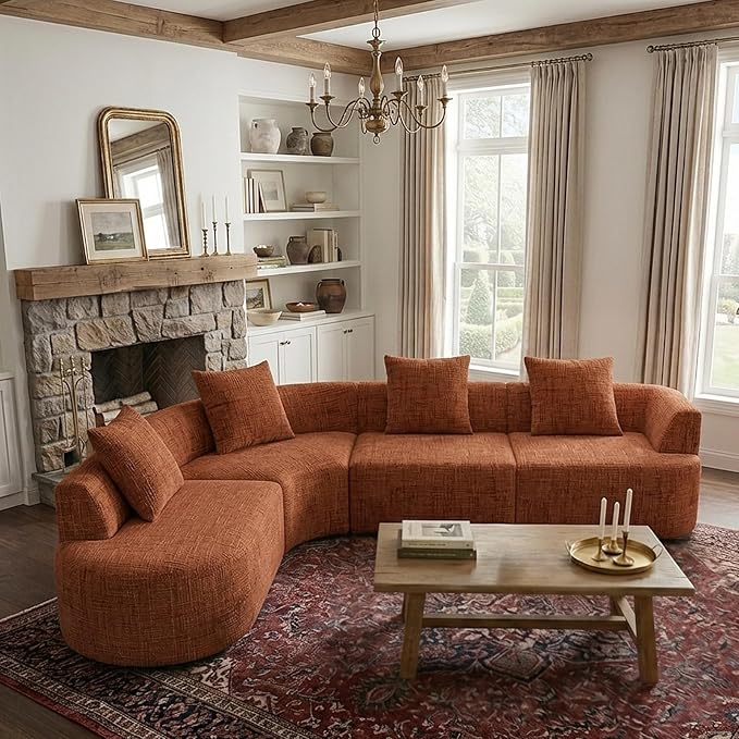 123" Curved Modular Sectional Sofa for Living Room, Oversized Chenille Cloud Couch, L-Shaped Boneless Sofa with Chaise Lounge, Compressed Couch Deep Seat, No Assembly (Rust, L-Shape Left Chaise)