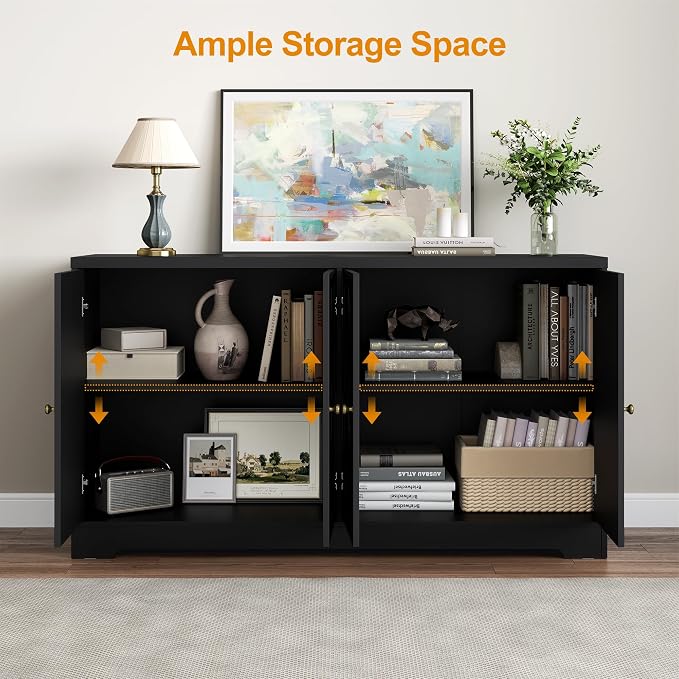 RoyalCraft 112'' Buffet Cabinet with Storage, Modern Sideboard with 4 Carved Doors, Large Wood Coffee Bar Console Table for Kitchen, Dining Room, Entryway, Living Room, Satin Black