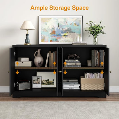 RoyalCraft 112'' Buffet Cabinet with Storage, Modern Sideboard with 4 Carved Doors, Large Wood Coffee Bar Console Table for Kitchen, Dining Room, Entryway, Living Room, Satin Black