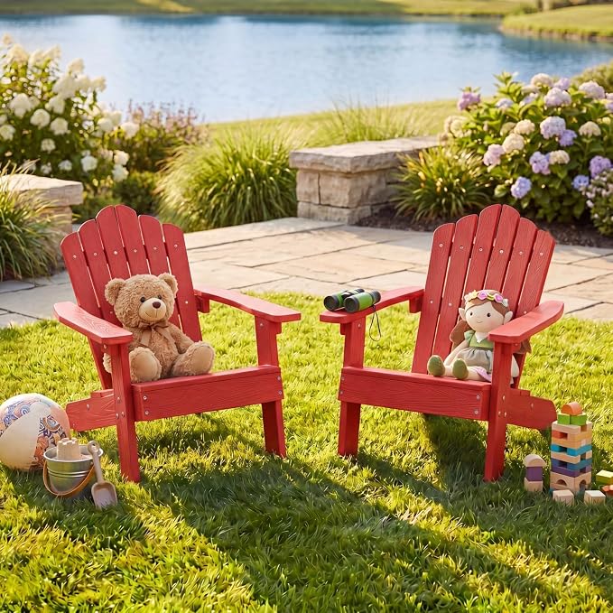 Giantex Kids Adirondack Chair, All-Weather HIPS Children's Outdoor Chair with Tilted High Backrest, Toddler Beach Chair for Garden Patio Backyard, Kids Lawn Chairs for Age 3-7 (2,Red)