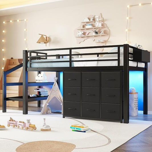 Bellemave Twin Size Low Loft Bed with 9 Fabric Storage Drawers for Kids,Metal Loft Bed Frame with Stairs and LED Lights for Boys Girls,Kids Loft Bed Twin Size,Black