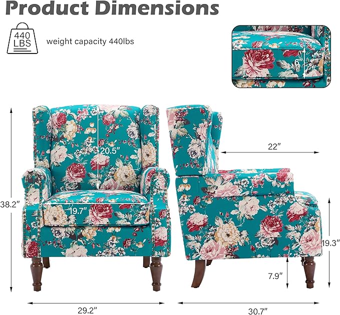 High Back Floral Accent Chairs Set of 2, Upholstered Armchair in Fabric, Retro Printed Wingback Arm Chair for Living Room, Nailhead Trim Single Sofa Bedroom Reading Seat - Peacock Blue