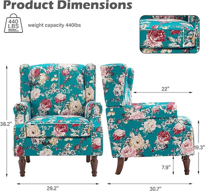 High Back Floral Accent Chairs Set of 2, Upholstered Armchair in Fabric, Retro Printed Wingback Arm Chair for Living Room, Nailhead Trim Single Sofa Bedroom Reading Seat - Peacock Blue