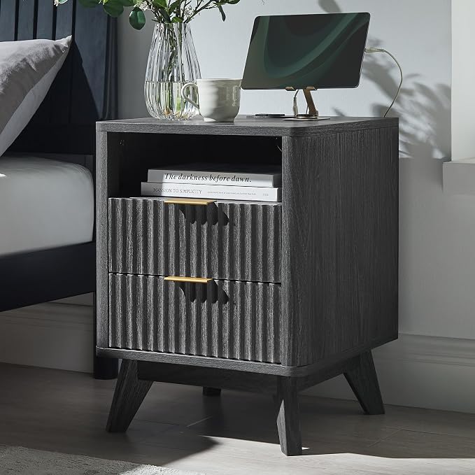T4TREAM Fluted Nightstand Set of 2 with Charging Station, 18" Modern Side Table, 2 Drawers End Table with Storage, Bedside for Bedroom, Living Room, Curved Profile Design, Dark Alder