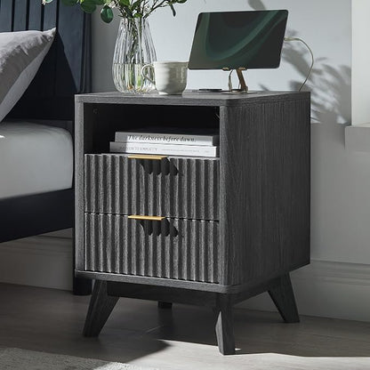 T4TREAM Fluted Nightstand Set of 2 with Charging Station, 18" Modern Side Table, 2 Drawers End Table with Storage, Bedside for Bedroom, Living Room, Curved Profile Design, Dark Alder