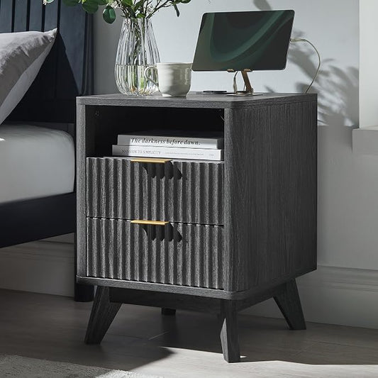 T4TREAM Fluted Nightstand Set of 2 with Charging Station, 18" Modern Side Table, 2 Drawers End Table with Storage, Bedside for Bedroom, Living Room, Curved Profile Design, Dark Alder