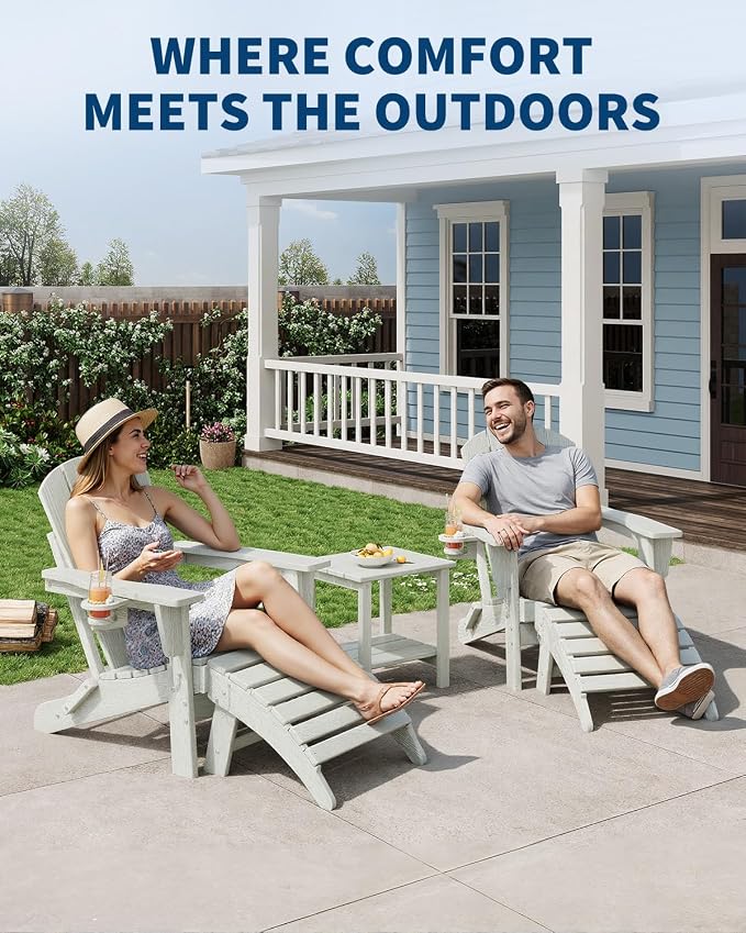 Folding Adirondack Chair Set of 2 with Ottoman, All-Weather HDPE Outdoor Chair, Wooden Textured with Cup Holder for patios, Decks, Gardens, fire pits, White