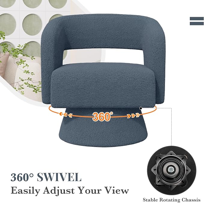 Luxanimarion Swivel Barrel Accent Chair,Oversized Teddy Upholstered Round Swivel Chair,Modern Luxury 360 Degree Living Room Vanity Chair for Bedroom Office,Blue,1PCS