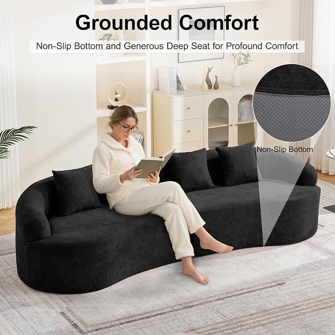 110.2" Curved Boneless Couch, Oversized Cloud Sofa with 4 Pillows, Modern 4 Seater Modular Sectional Sofa, Boneless Sectional Couches for Living Room, Curved Foam Couch, Black