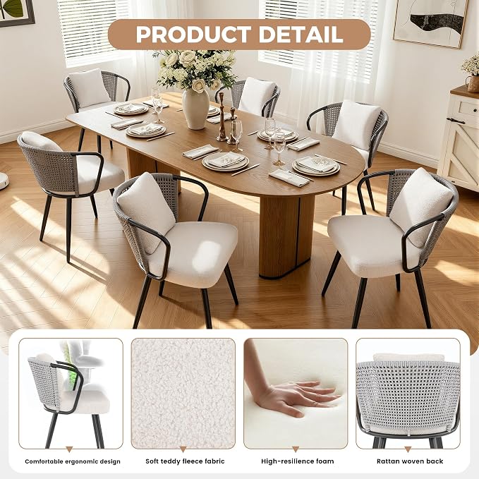 Rattan Dining Chairs Set of 2, Upholstered Kitchen Chair with Metal Legs, Ergonomic Curved Backrest, Mid Century Modern Living Room Chairs with Throw Pillow, Light Grey