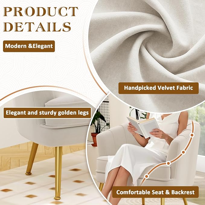Andeworld Velvet Accent Chair Set of 2, Upholstered Modern Single Sofa Side Chair,Comfy Barrel Club Living Room Armchair with Golden Metal Legs for Bedroom Living Reading Room Office, Beige