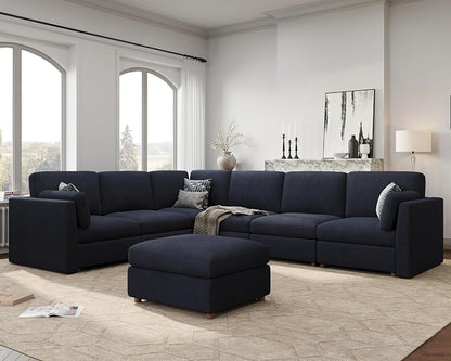 Oversized Modular Sectional Sofa V-Shaped Cloud Couches Blue | Large Deep Seat Couch for Living Room, 7-Seater Luxury Corner Sofa with Ottoman, Solid Wood Frame, Removable Washable Cover