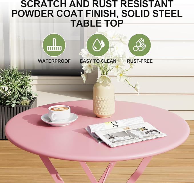 Bistro Table and Chairs Set of 4, 5 Piece Outdoor/Indoor Folding Patio Bistro Sets, 4 Chair Patio Furniture Set with Table, Premium Frame Foldable Coffee Tables for Balcony, Yard, Garden, Pink