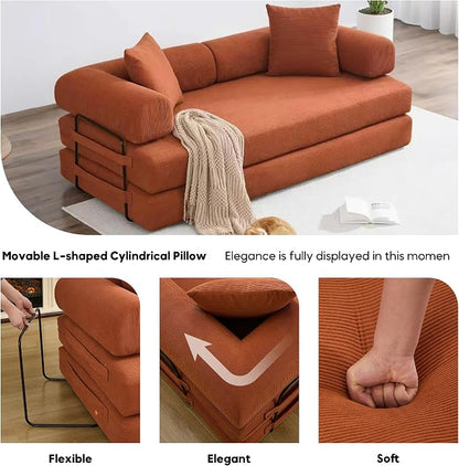 ZEIINPA Convertible Sleeper Sofa Bed with Cylindrical Pillow, Corduroy Folding Mattress Couch with Fixed-Shape Frame, Floor Sofa Lounge Couch for Living Room Bedroom Lounge Studio, Orange