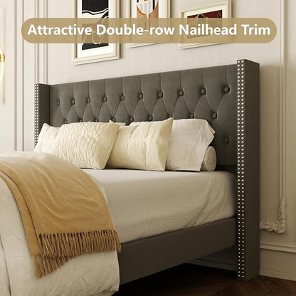 HAOARA Queen Size Bed Frame, Upholstered Platform Bed with Wingback Headboard, Velvet Button Tufted, Easy Assembly, No Box Spring Needed, Green