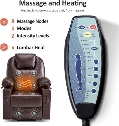 MCombo Power Lift Recliner Chair for Elderly, Lift Chair with Heat and Massage, FSC Certified, USB Ports, Cup Holders, Faux Leather 7141 (Dark Brown, Small)