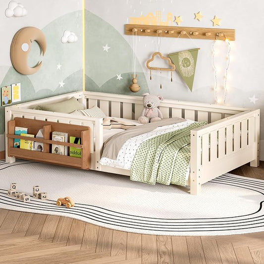 Bellemave Beige Montessori Floor Bed with Fence and Slats, Twin Size Montessori Floor Bed with Bookcase and High Rails, Easy Assemble Bed Frame for Girls, Boys, Twin