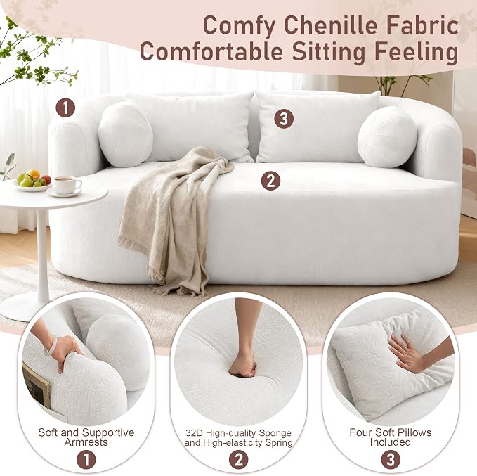 Loveseat Sofa for Small Space, 67.3" Boneless Love Seat Sofa with Side Pocket & 4 Pillows, Foam and Spring Filling, Soft Chenille for Living Room, Apartment, Bedroom, No Assembly